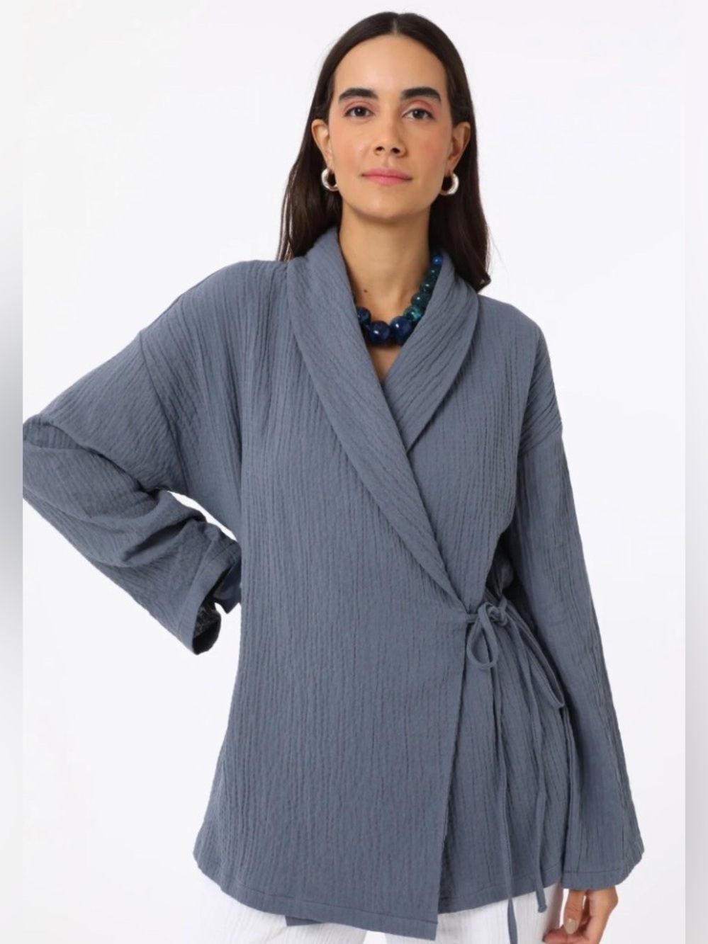Zara Slate Blue Shawl-Collar Wrap Jacket